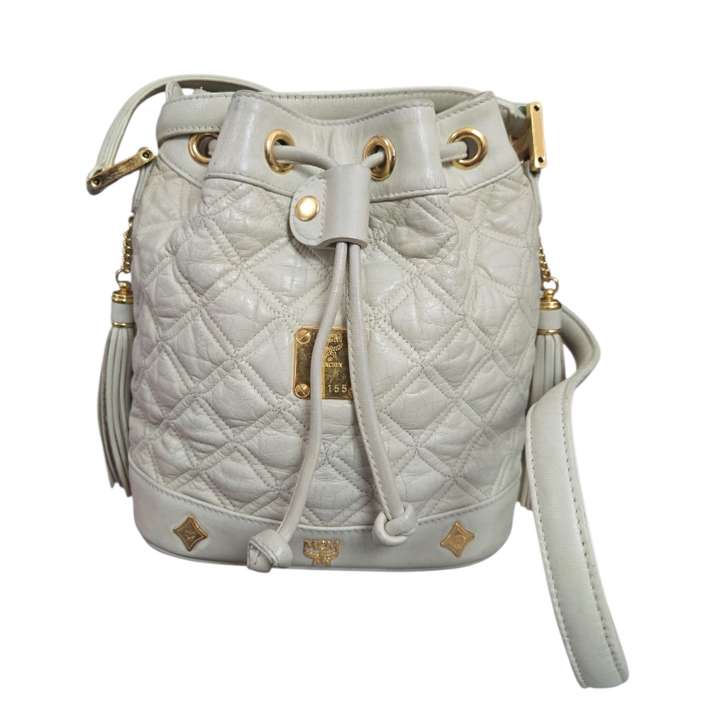 MCM Cream Quilted Crossbody Bucket Bag